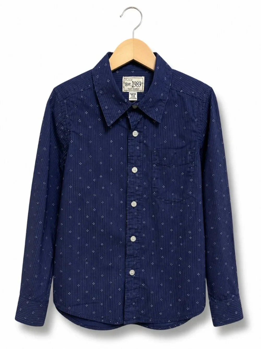 The Childrens Place Boys Navy Blue Pinstripe Diamond Button Down Shirt Size 7/8